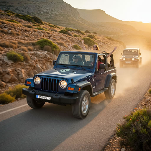 Two Jeep Wranglers driving on a scenic road in Crete